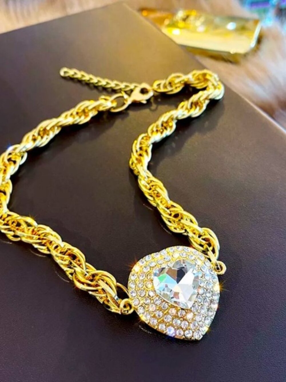 🌟 Gold 14K Plated Heart Crystal Choker Two Tone Chain  Necklace